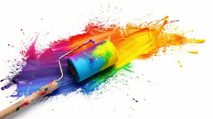 Obraz premium Paint roller spreading vibrant rainbow colors on white background, perfect for themes of creativity, art, and design.