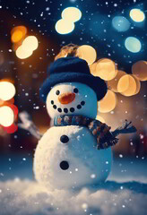 Happy Snowman in the Winter Night