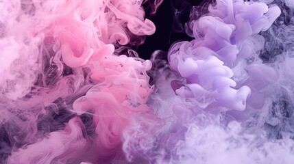 Obraz premium A soft pastel explosion of pink and lavender smoke swirling together, offering a gentle contrast to the black background