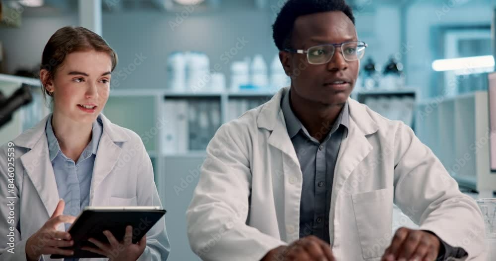 Poster people, scientist and tablet with computer for research, development or new discovery at laboratory.
