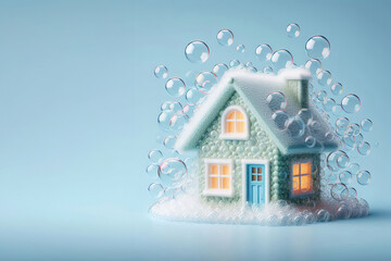 Whimsical bubble house structure set on light blue background fading to white. Fresh and clean look,