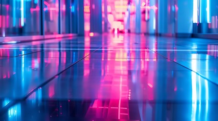 Fototapeta premium Glowing blue and pink geometric shapes reflection floor fluorescent effect neon