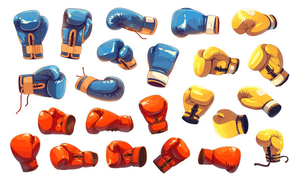 Cartoon boxing gloves set. Red blue yellow boxer glove fight sport equipment, athlete hand punch vector illustration