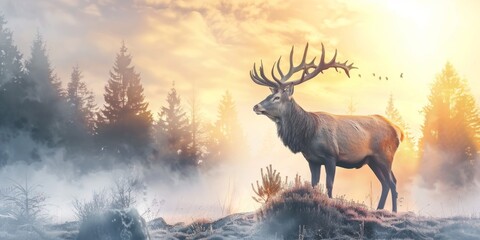 Misty Morning Majesty: Serene Stag in the Ethereal Forest at Sunrise