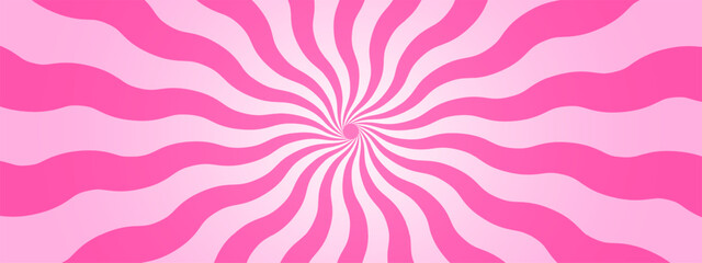 Wavy pink radial stripes background. Strawberry lollipop, candy, yogurt or marshmallow print. Rosy sunburst, explosion or surprise manga style effect. Groovy y2k pattern. Vector cartoon illustration.