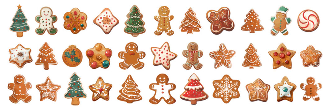 Cartoon christmas gingerbread cookies set. Xmas gingerbreads sweets star snowflake tree man, noel holiday decoration vector illustration