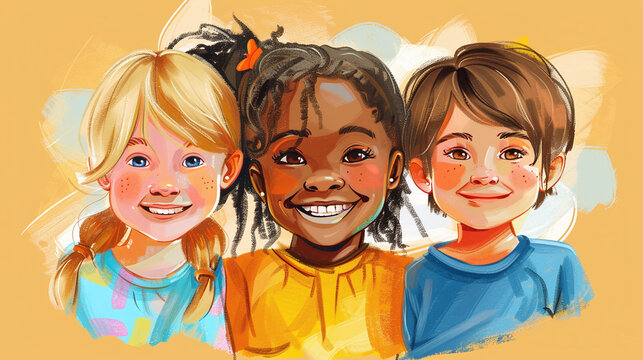 concept friendship - illustration comic watercolor drawing with three kids multicultural