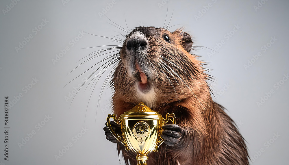 Wall mural beaver holding a trophy