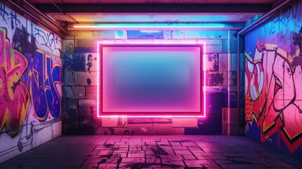 A neon sign is lit up against a wall of graffiti