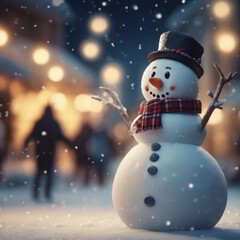 Happy Snowman in the Winter Night