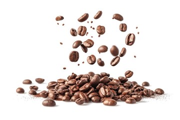 Obraz premium Roasted coffee beans cascade and pile up, creating a visually appealing scene. The beans are brown, with some floating mid-air, indicating freshness and movement. 