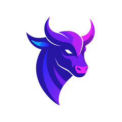 A mascot logo featuring a modern bull with a sleek, gradient design. The bull's body transitions smoothly from a bright blue to a deep purple