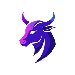 A mascot logo featuring a modern bull with a sleek, gradient design. The bull's body transitions smoothly from a bright blue to a deep purple