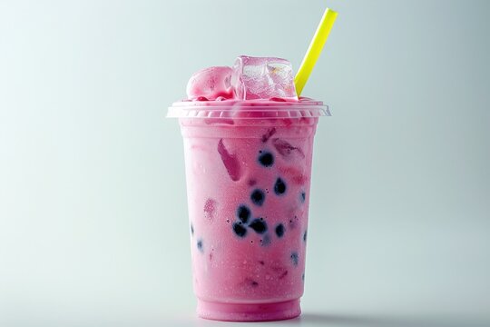 A refreshing pink bubble tea with ice cubes and a straw