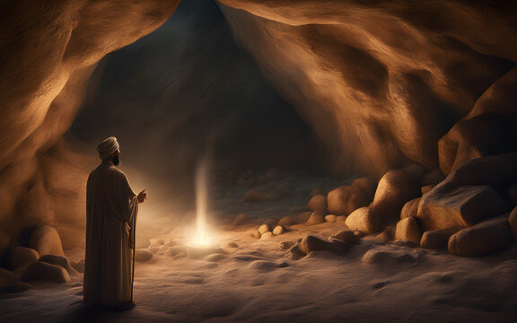 A messiah receiving the revelation in the Cave of Hira, the dim, secluded cave lit by a mysterious, celestial glow