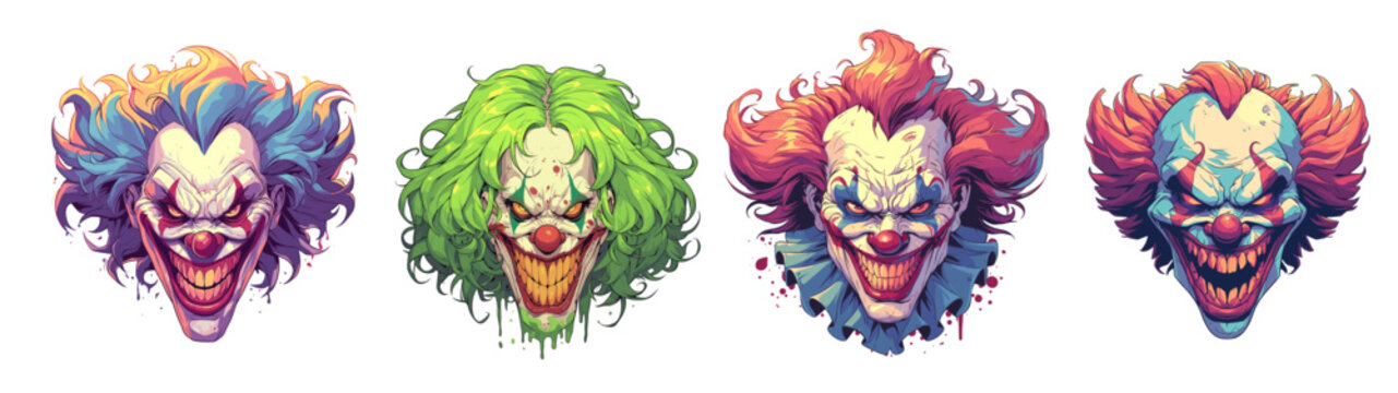 Cartoon horror clown character face set. Halloween scary circus monsters with evil smile clowns vector illustration