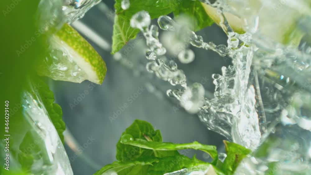 Poster super slow motion of macro shot of pouring mojito drink. unique perspective from inside of a glass. 