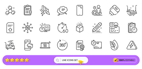 Saving electricity, Cardboard box and Inspect line icons for web app. Pack of Cyber attack, Timer, Delivery cart pictogram icons. Augmented reality, Incoming call, Exam time signs. Search bar. Vector