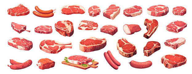 Cartoon raw meat set. Beef lamb or pork steak on bone sausages barbecue food, butcher shop vector illustration