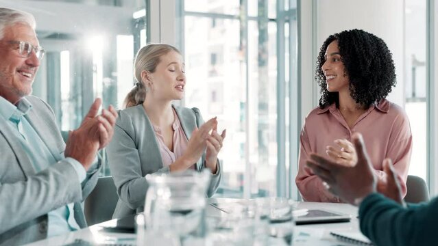 Business people, applause and shaking hands in office for deal, b2b collaboration or teamwork. Presentation, partnership or happy investors in agreement with meeting success, welcome or thank you