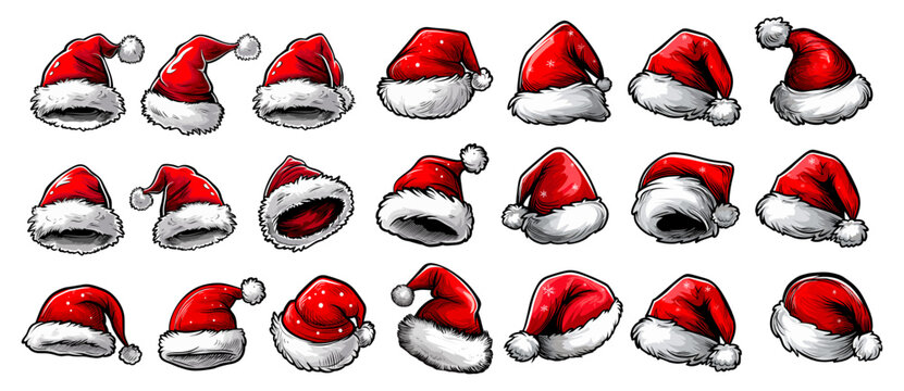 Cartoon santa claus hat set. Christmas holiday costume accessory in different angles, red white winter hats xmas party cap vector illustration