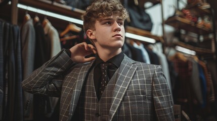 Obraz premium Man shopping for business blazer and suit in upscale mall, selecting new attire independently