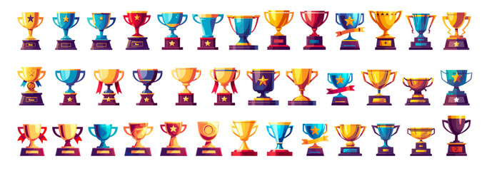 Cartoon trophy cup set. Game winner goblet reward, sport first place golden prize cups with star vector illustration