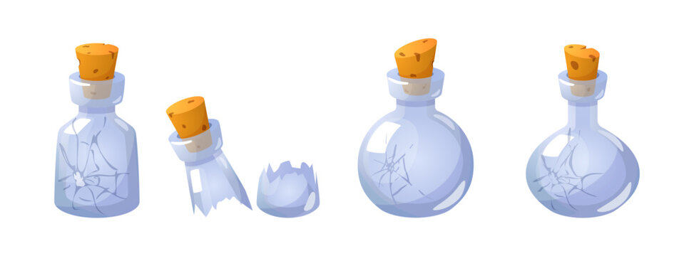 Damaged magic empty potion flask vector set, split glass bottle with cracks, corkwood plug, game laboratory equipment