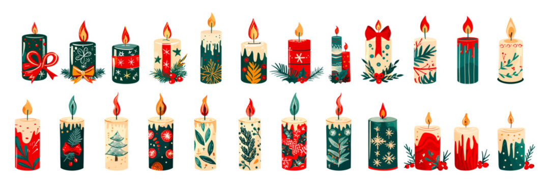Flat christmas candles set. Xmas decorative scented aromatic candle fir branches, winter holidays symbol elements vector illustration