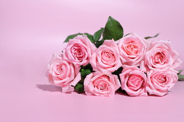 Pink fresh roses flowers, floral card, product background