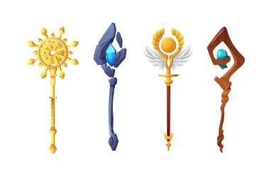 Set of different magic staff flat style, vector illustration