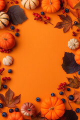 An array of vibrant pumpkins, pine cones, and autumn leaves on an orange background, creating a festive fall scene perfect for seasonal decor. Flat Lay. Copy space. Top view