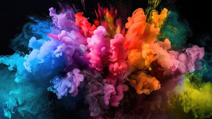 An explosion of multicolored smoke, including every color of the rainbow, set against a black background for a vibrant effect