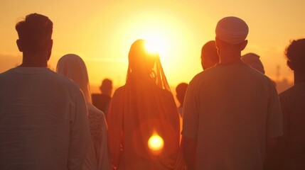 Fototapeta premium As the sun sets behind them a group of individuals from various religions and backgrounds come together in a powerful display of unity . .