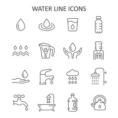 Water line icon set. Vector collection with drop, cup, bottle, cooler, bath, cloud with rain, water tap.