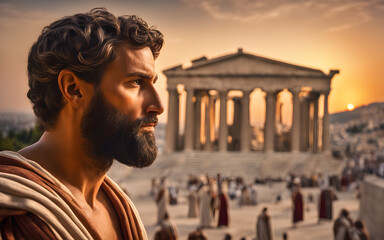 An Apostle preaching in Athens, the warm hues of a Mediterranean sunset enveloping the ancient city