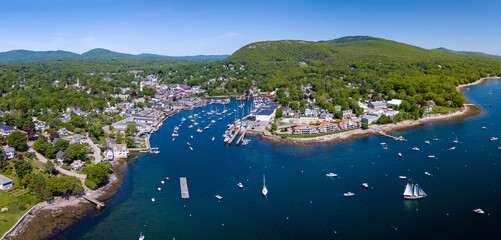 Aerial panoramic view of Camden, Maine, USA. June 2, 2024. 