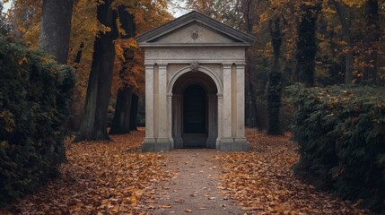 A beautiful mausoleum nestled in an autumn forest, surrounded by colorful fallen leaves. Perfect for historic and seasonal themes.