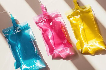 Medical Iv drip bags filled with colorful liquids, IV Vitamin Therapy concept, Generative ai