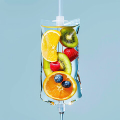 Iv drip filled with fruits isolated on blue background, IV Vitamin Therapy concept, modern healthcare. Generative ai