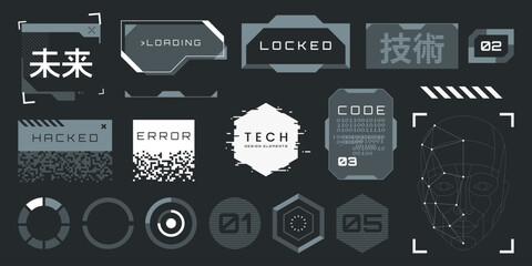 Abstract tech elements collection. Futuristic HUD design elements. Hi-tech cyberpunk frames and borders. Modern sci-fi banner. Isolated on dark background. Vector illustration