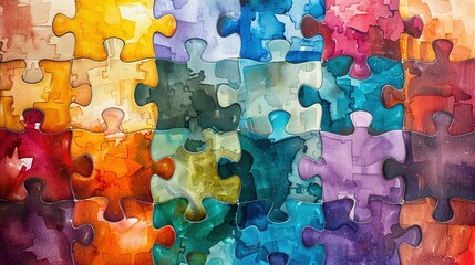 Puzzle Pieces with Watercolor Texture: Abstract Design Symbolizing Connection and Diversity