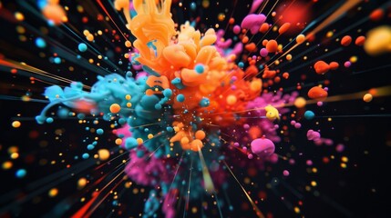 Ink drops creating a vibrant burst of colors against a stark black background