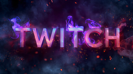 The Twitch logo, rendered in 3D, is engulfed in vibrant purple flames against a backdrop of swirling smoke and sparks