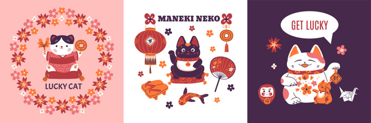 Set of squared banners or postcards with cute maneki neko cats and texts