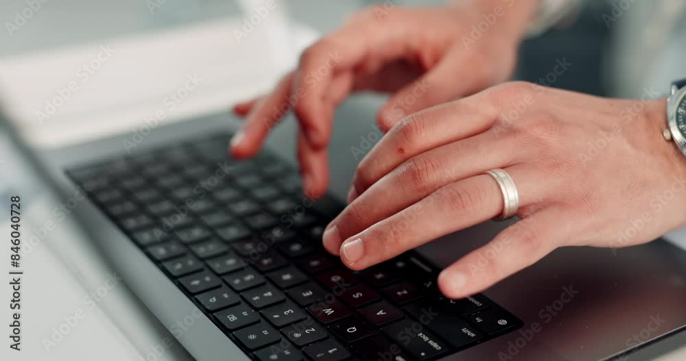 Poster Hands, laptop and typing in closeup at office, desk and editing with development at creative agency. Person, writer and computer with click on keyboard with schedule for deadline at media company