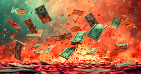 A vibrant digital illustration of US dollar bills falling from a smoke-filled sky against a fiery backdrop.