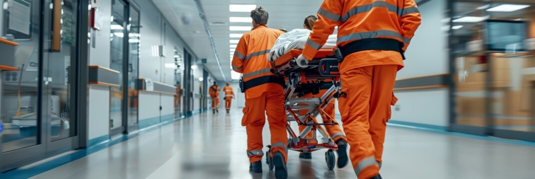 Paramedics swiftly transporting patient in emergency through hospital, emphasizing urgent care