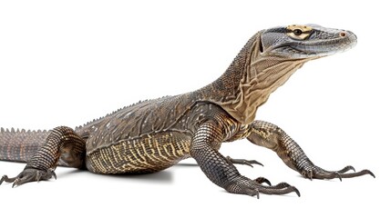 Obraz premium Stunning lizard with vibrant colors, sharp claws, and intense eyes, standing proudly on a white background