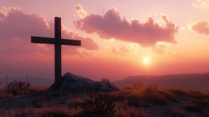 A wooden cross on a hill at sunset, with a serene sky in the background, capturing a peaceful memorial scene. Perfect for themes of reflection and tranquility.
